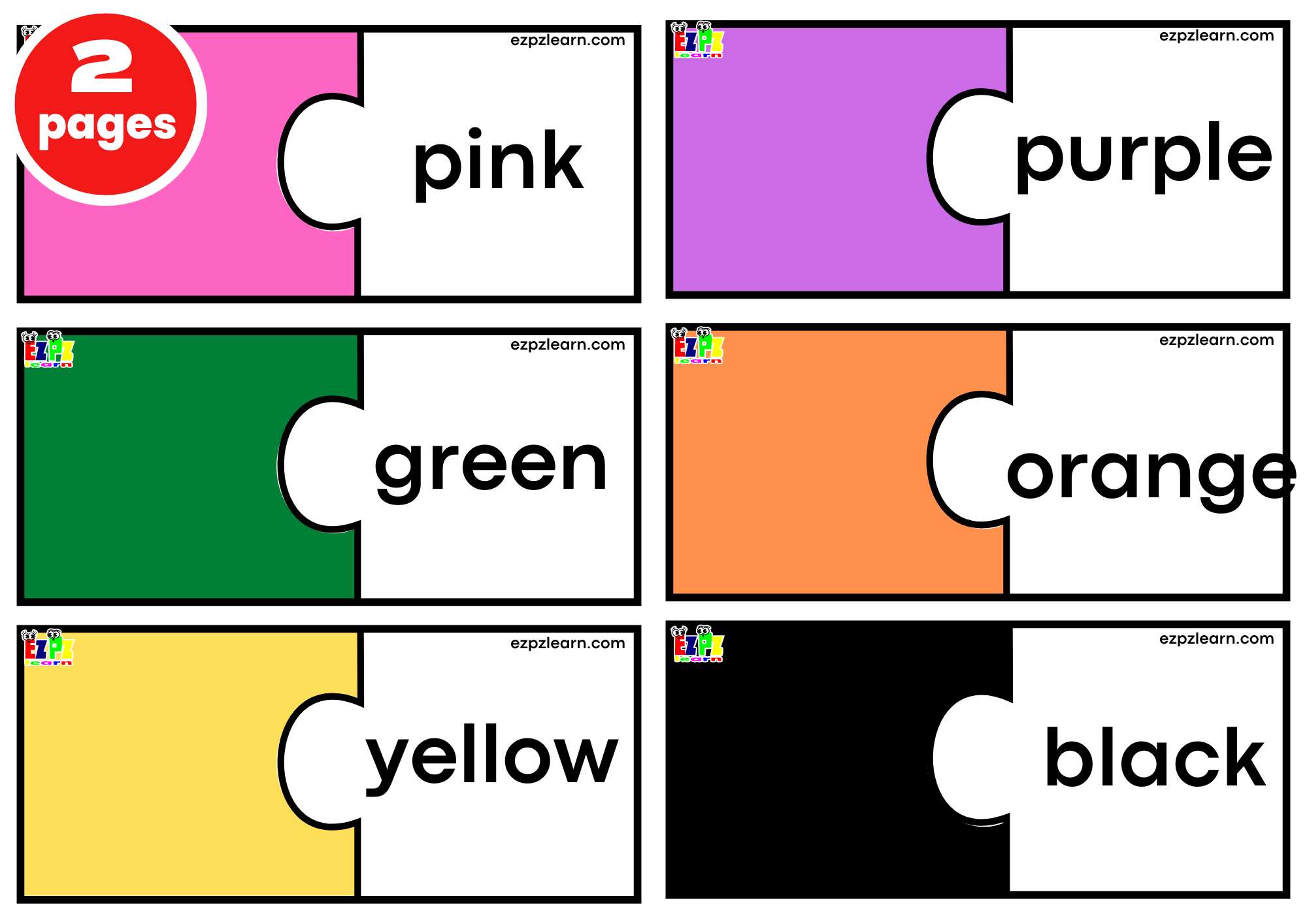 Colors Puzzle Match Game. LARGE 6 Words per page. Free PDF Download